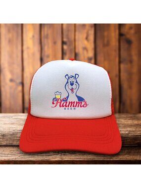 Hamm's Beer Retro Bear Unisex Trucker Hat Red Snapback Mesh Back IPA Cap